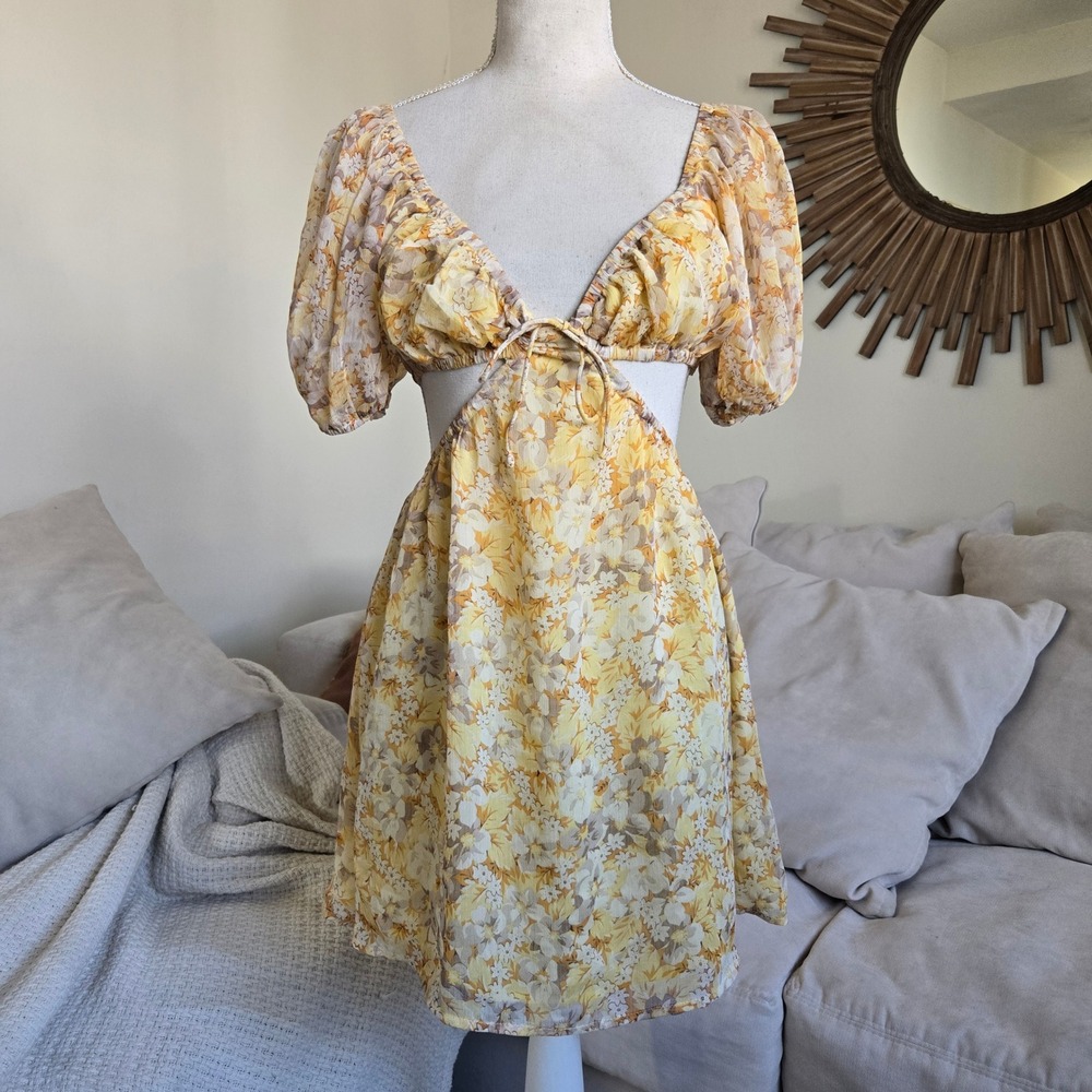 Sabo Sz S Eilish Yellow Summer Floral Print Cutout Milkmaid Babydoll Mini Dress